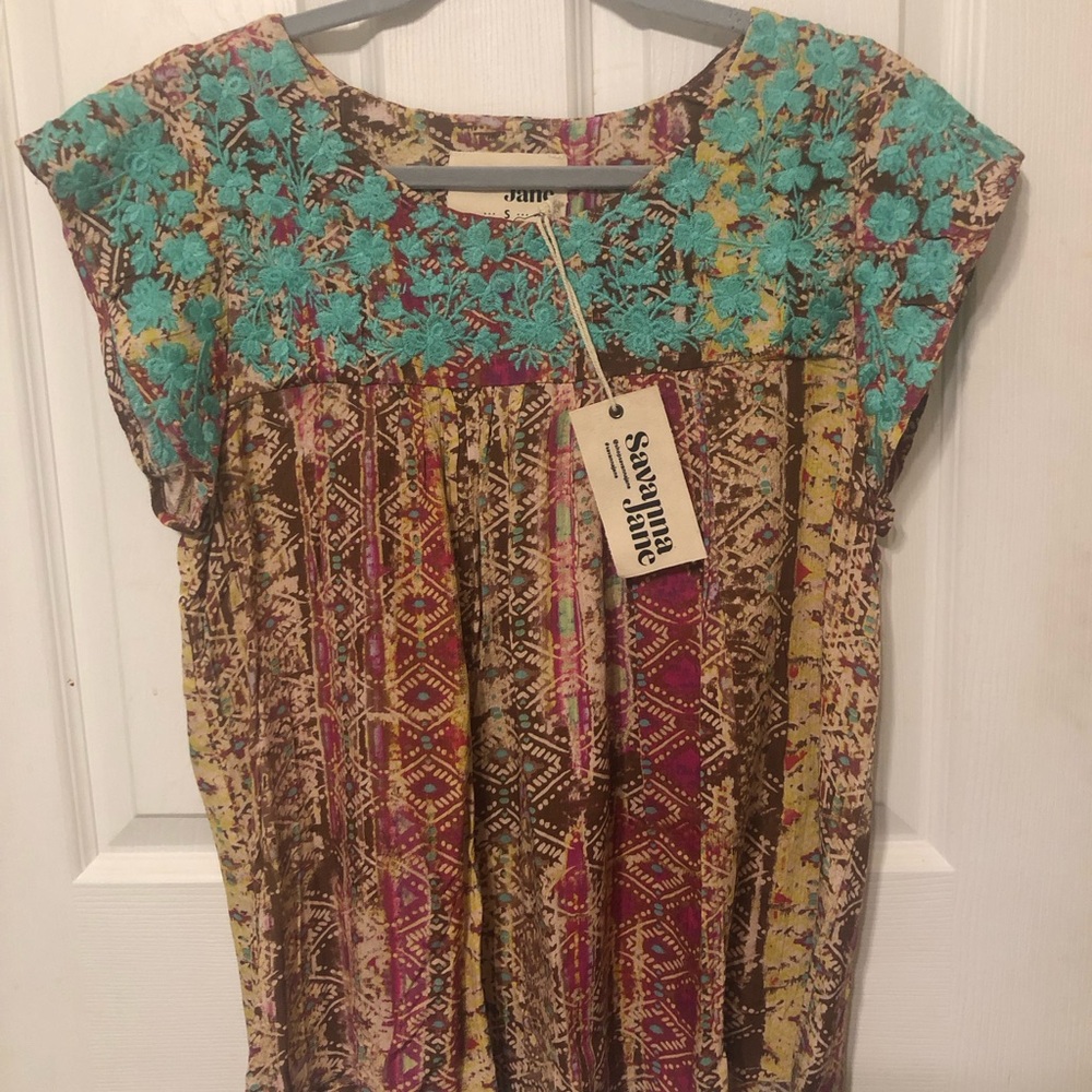 NWT Savanna Jane Turquoise Embroidered Yoke Multi-Pattern Boho Tunic